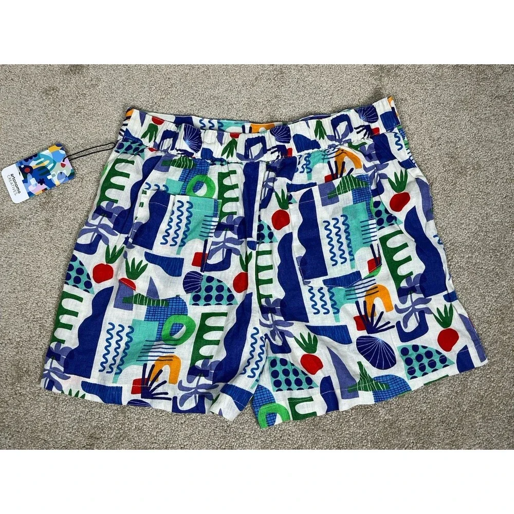 NWT Artonomo Creatives Womens M 100% Linen Shorts Art To Wear Colorful Geometric